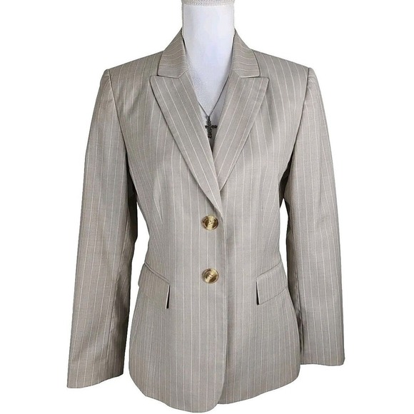 Tahari ASL~Woman Sz. 10~Cream/Beige Vertical Striped Button-Up Blazer Wool Blend - Picture 1 of 9